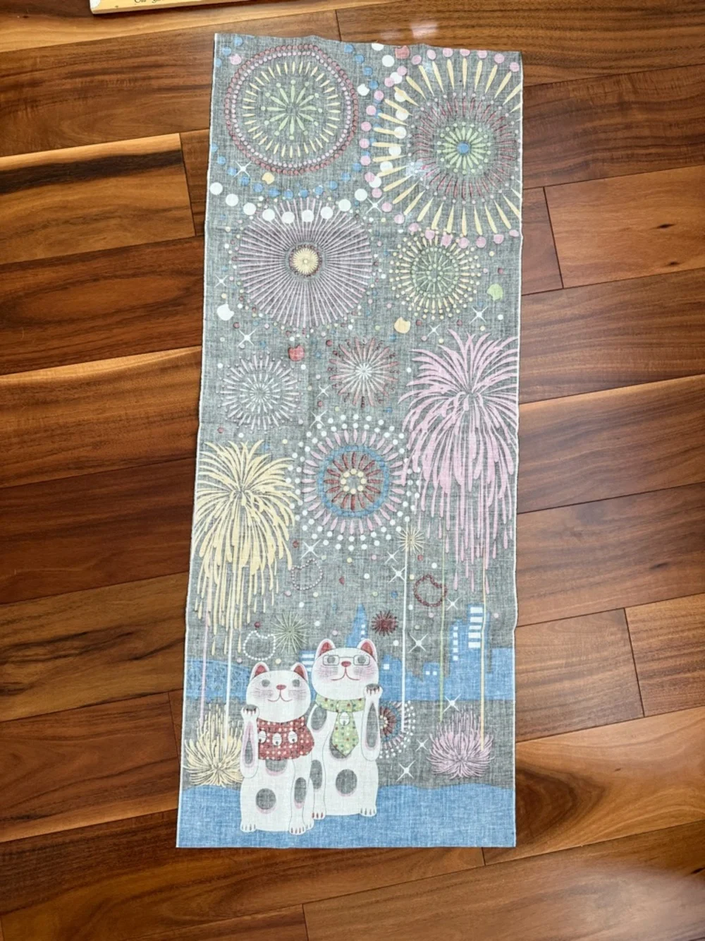 Japanese Tenugui Cotton Cloth Tapestry: Lucky Cats & Fireworks EPCOT Souvenir